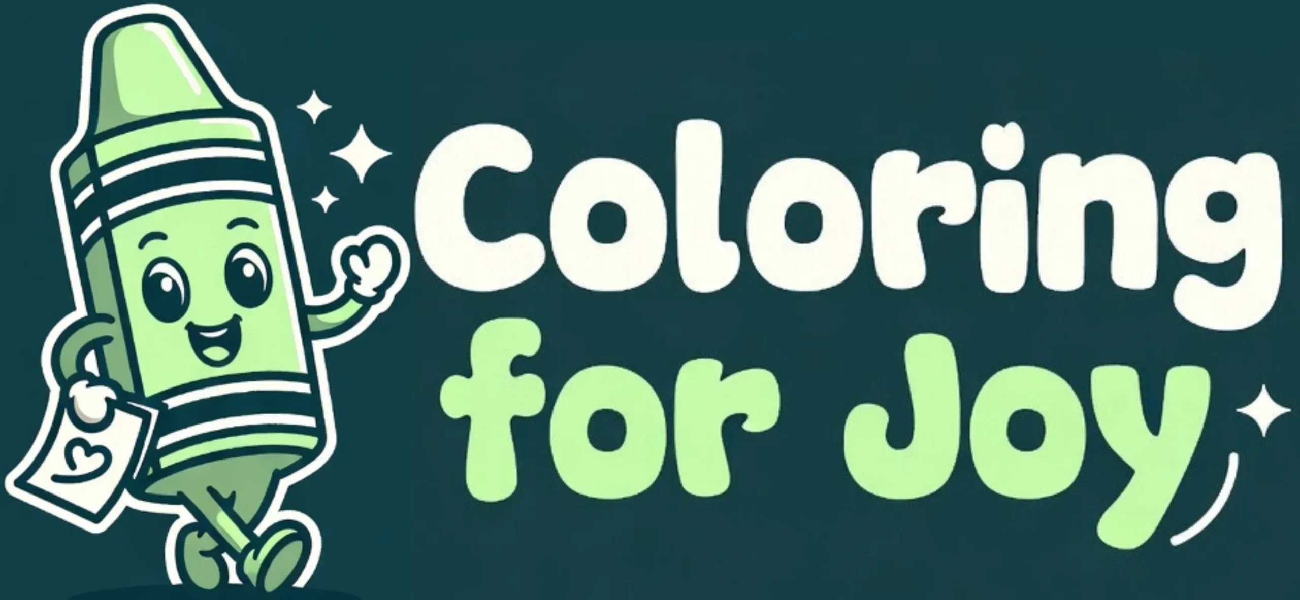 Coloring for Joy banner with a cute green crayon mascot on a dark teal background